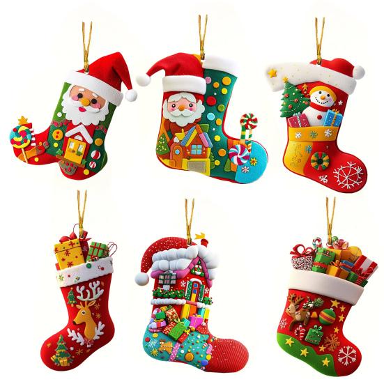 Christmas Socks Santa Claus Red Hanging Ornament Acrylic Decorative Keychain Pendant Xmas Stockings Wall Decoration