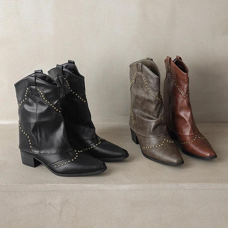 Fashion 2024Autumn/Winterside Zipper Over Knee Boots High Heel Round Head Abrasive Leather Thick Heel Large Size Zipper Thigh-high Boots