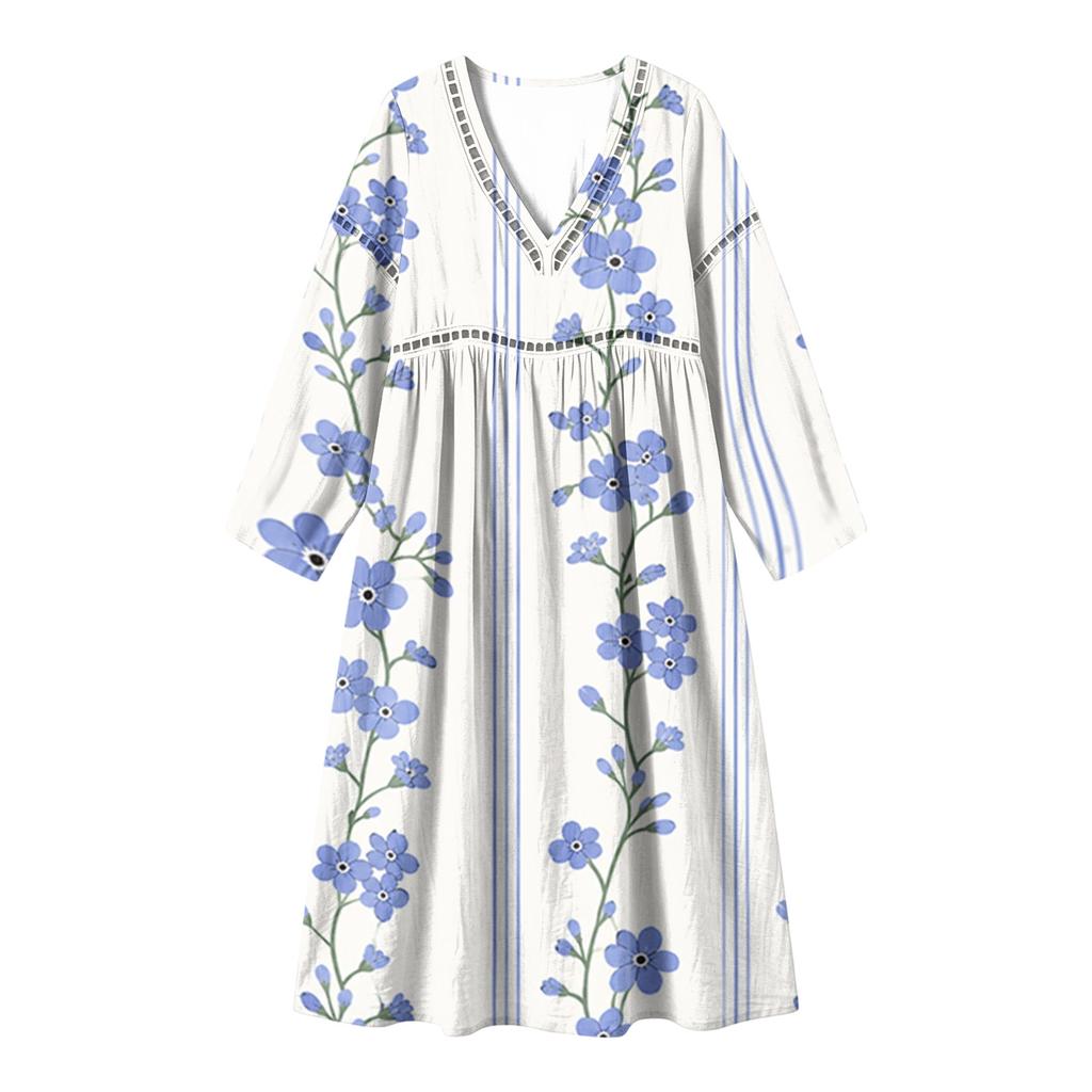 Fashionable Lady's V-neck Mid-length Casual Long-sleeved Dress