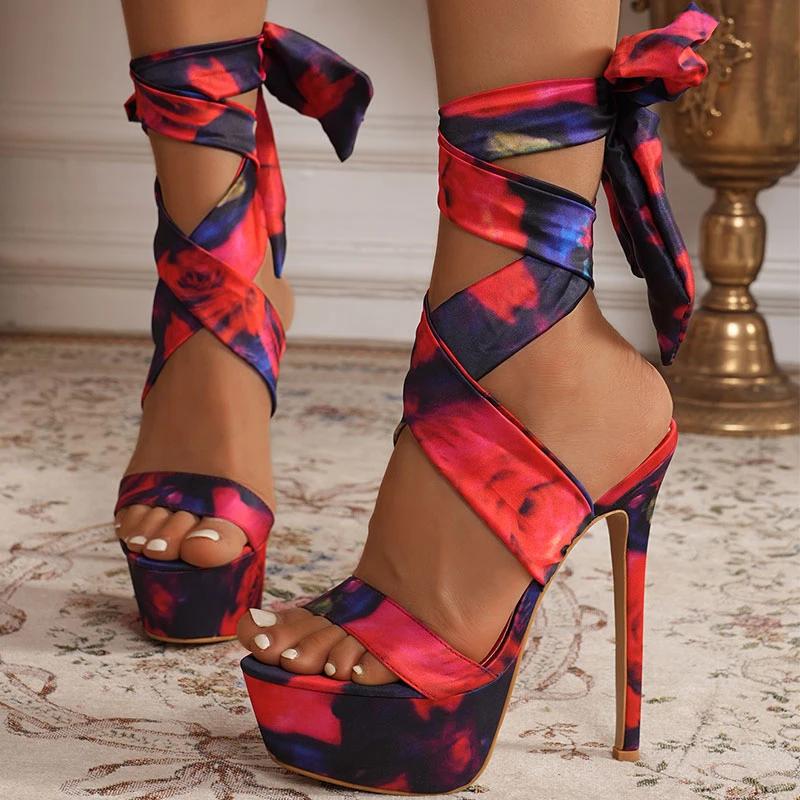 Summer Sexy Camouflage Women Sandals Fashion Stripper Ankle Lace-Up Extreme Stiletto Heels Party Prom Shoes