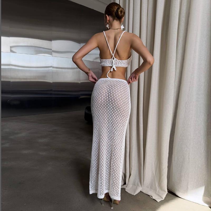 European-American Holiday Two-Piece: Chic Hollow Long Dress & Sexy Bikini with Sun Protection & Back Tie Design