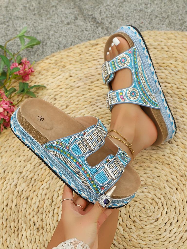 Fashion 2025 Summer Fashion Rhinestone Design Casual Thick Soled Slippers for Women Open Toes Comfortable Versatile Beach Chunky Sandals