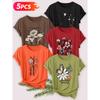 Five-piece set Elegant short-sleeved shirt for women Beach sunset print round-neck women's short-sleeve shirt suitable for spring and summer