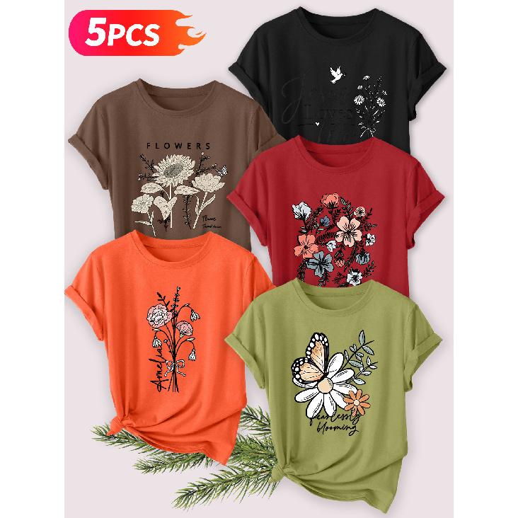 Five-piece set Elegant short-sleeved shirt for women Beach sunset print round-neck women's short-sleeve shirt suitable for spring and summer