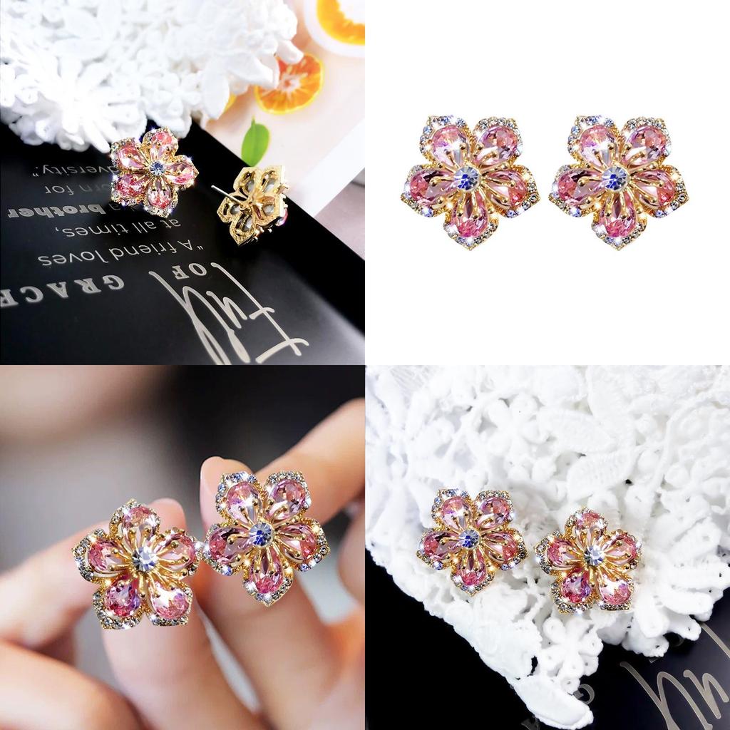 Floral Zircon Silver Needle Earrings With Rose Design For Elegant Women