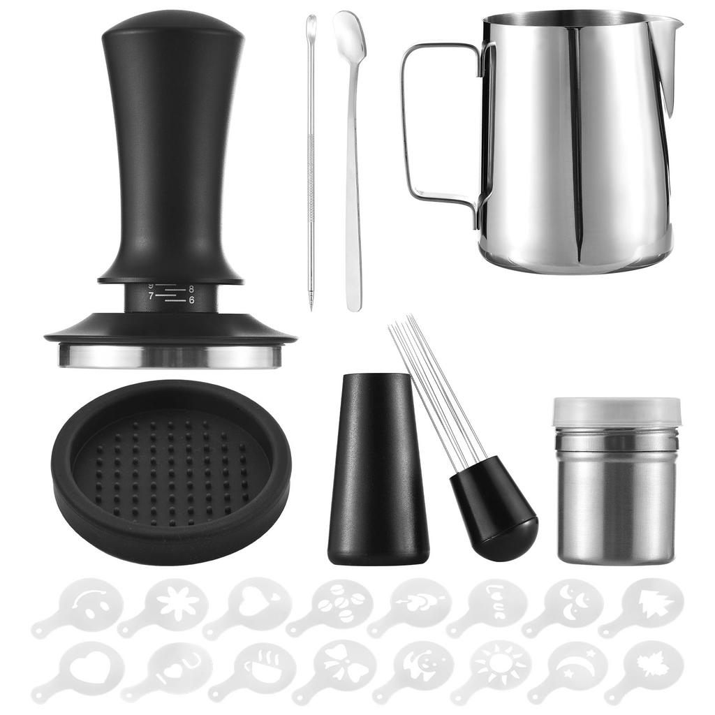 23pcs Coffee Art Set 12oz 350ml Stainless Steel Milk Frothing Pitcher with Scale 16pcs Coffee Decorating Stencils 12
