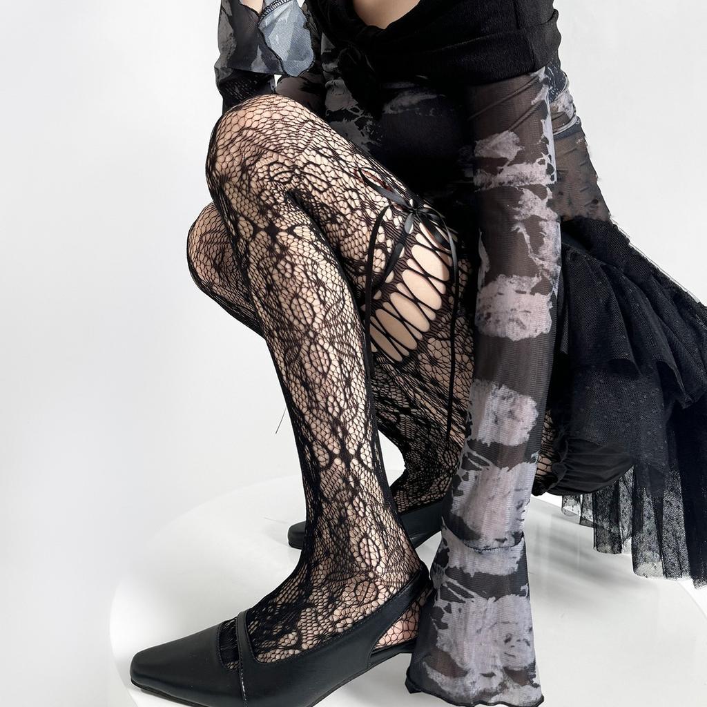 Women JK Lace Bow Tie Hollow Out Stockings Sexy Flower Bottoms Socks Women Pantyhose Tights Night Club Cosplay Party Accessories