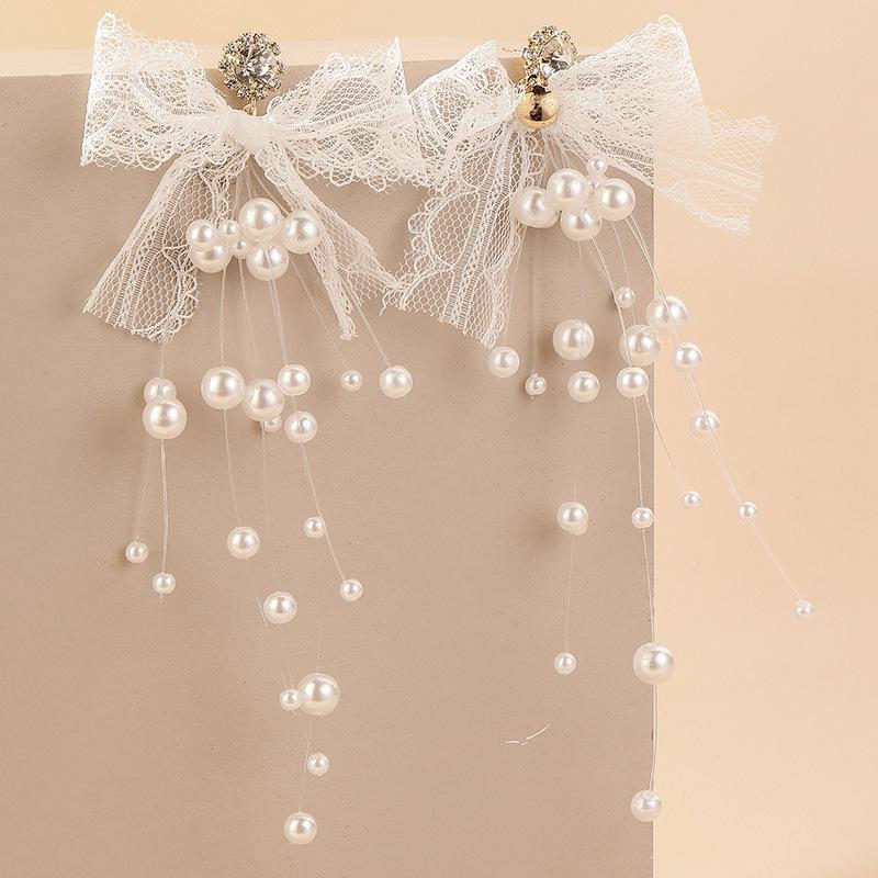Witte Strik Imitatie Parels Kwastje Hangende Oorbellen voor Vrouwen Temperament Veelzijdige Mode Oorbel Elegante Sieraden Groothandel