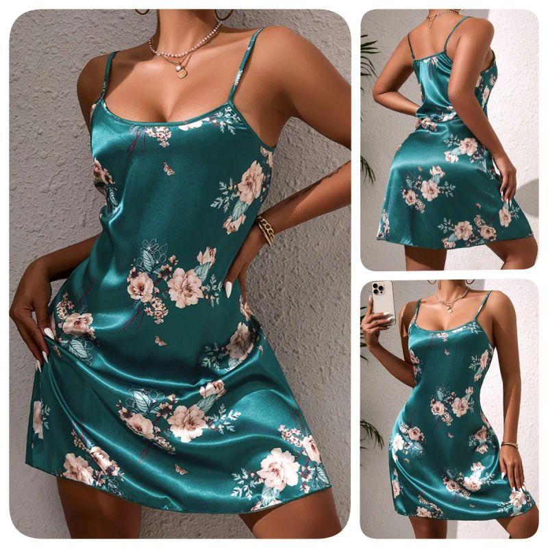 

2025 New Arrival Cross-Border Fashion Style, Fashion Green Bottom Florals Suspender Skirt, Silks and Satins Textured Nightdress/Pajamas Green L