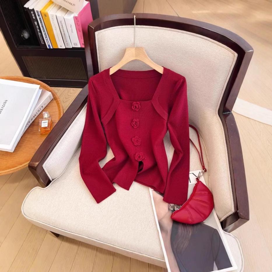 

2024 Осень Женский Облегающий Трикотажный Топ с Квадратным Вырезом и Розой One Size красный