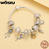 WOSTU 925 Silver Animal Cat Charm Pendant Heart Family Ladybug Bee Beads Fit Original Bracelet DIY Jewelry For Women