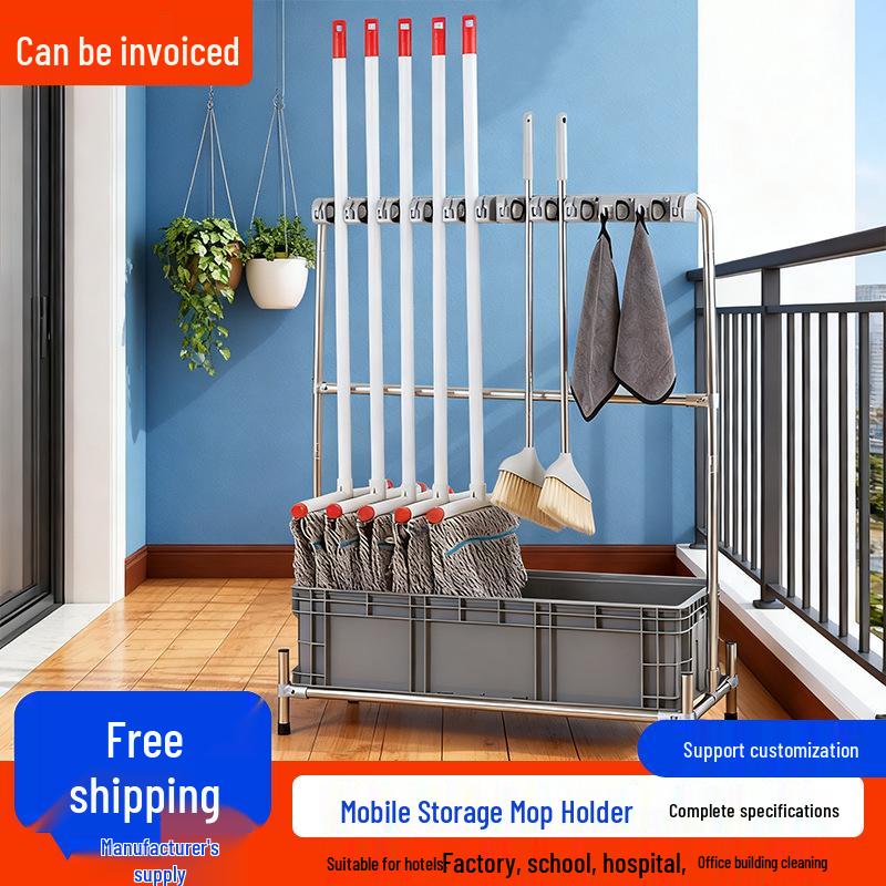 Stainless Steel Floor-Standing Mop Rack with Draining Shelf and Free Shipping