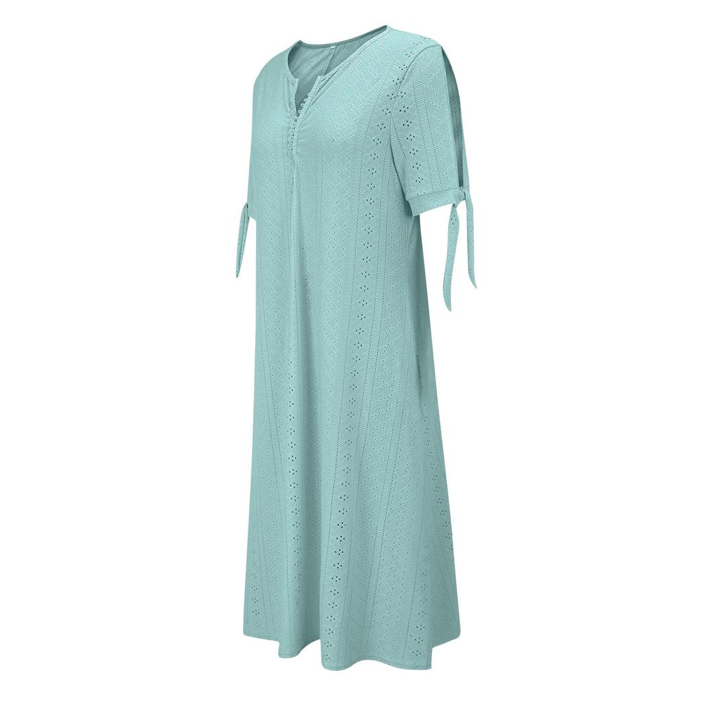 Women's Fashion Casual Color Round Neck Button Off Shoulder Short Sleeve Pocket Dress