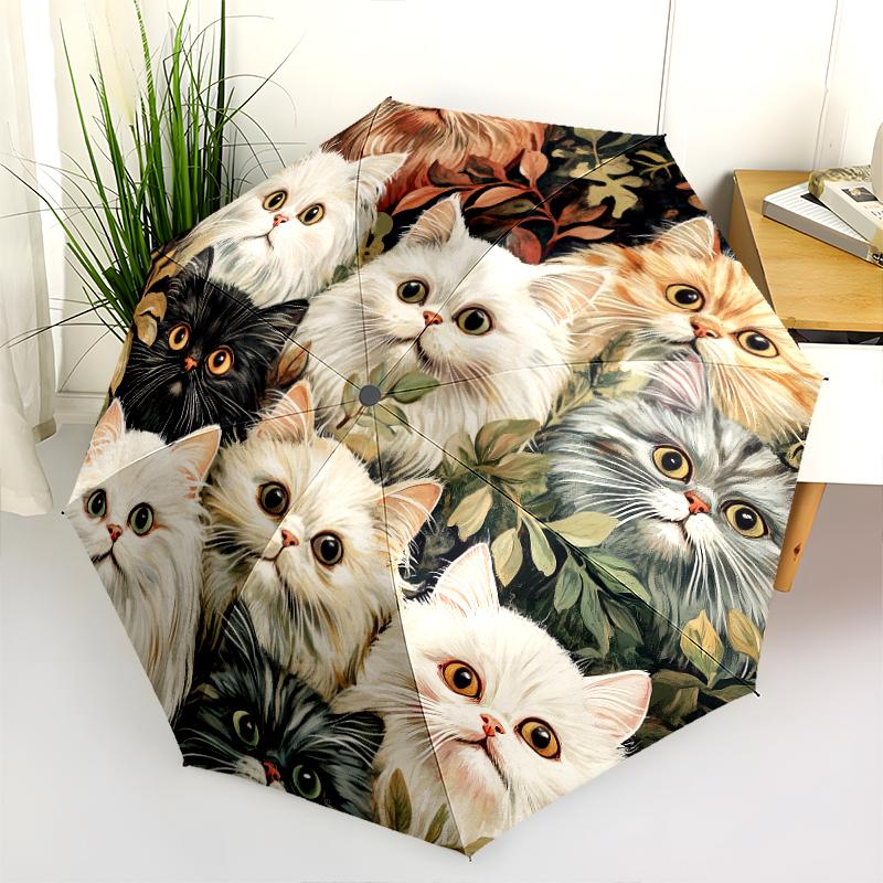 Persian Cat and Plant pattern, automatic folding umbrella, portable and foldable design, 8 ribs, a Christmas or birthday gift.