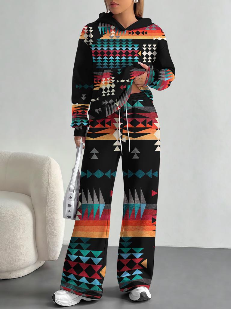 European And American Autumn And Winter Casual Long-Sleeved Suit Women'S Bohemian Hooded Sweater Trousers Two-Piece Set