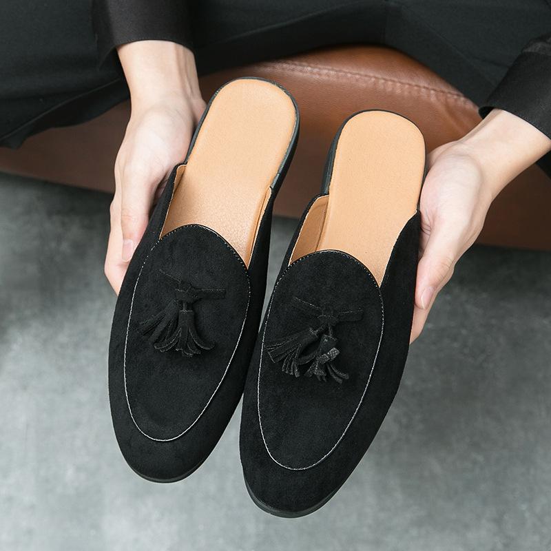 Large Size Spring and Autumn New Half-drag Leather Shoes Fashionable British Style Men's Doudou Shoes Trendy One-pedal Fringed Shoes