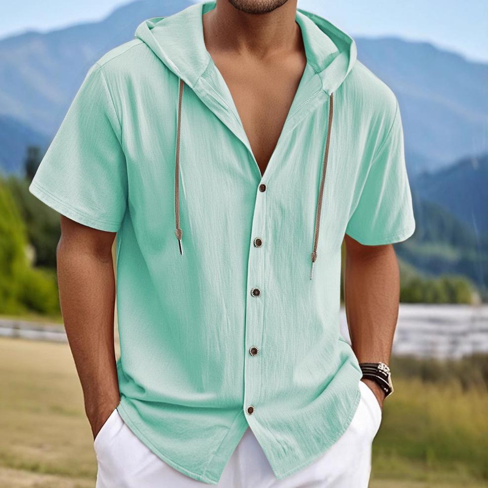 Men's Casual Lightweight Cotton Linen Short-Sleeve Hoodie Cardigan