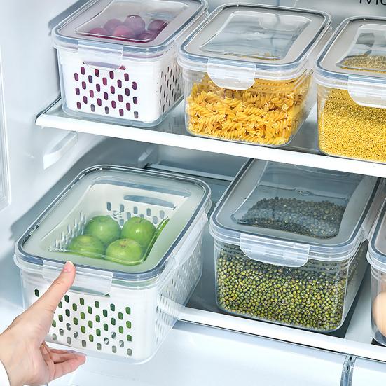3PCS Crisper Box Airtight Food Storage Containers with Removable Drain Basket Stackable Meal Prep Containers for Fruits And