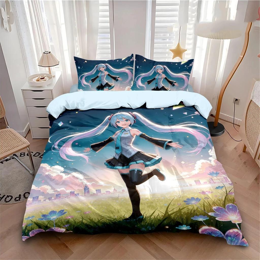 Hot Anime beautiful girl Hatsune Miku Balinese Duvet Cover Set Bedding with 1-2 Pillowcases Room Teens Bedroom Decor Fans Gift