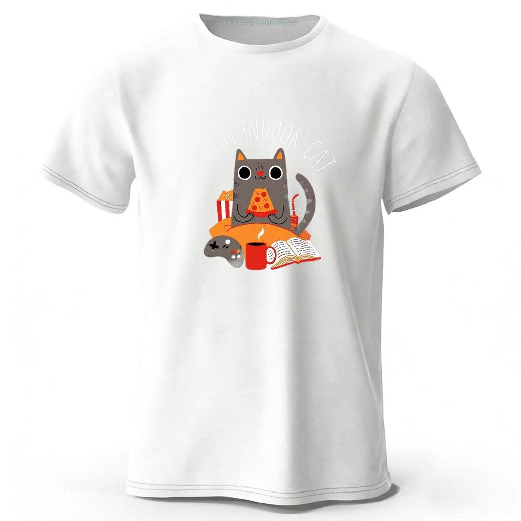 Home Style Pizza Cat Print Pure Cotton Short Sleeved Shirt Summer Menswomens Street Casual Trend Tshirt Large Size Loose Top