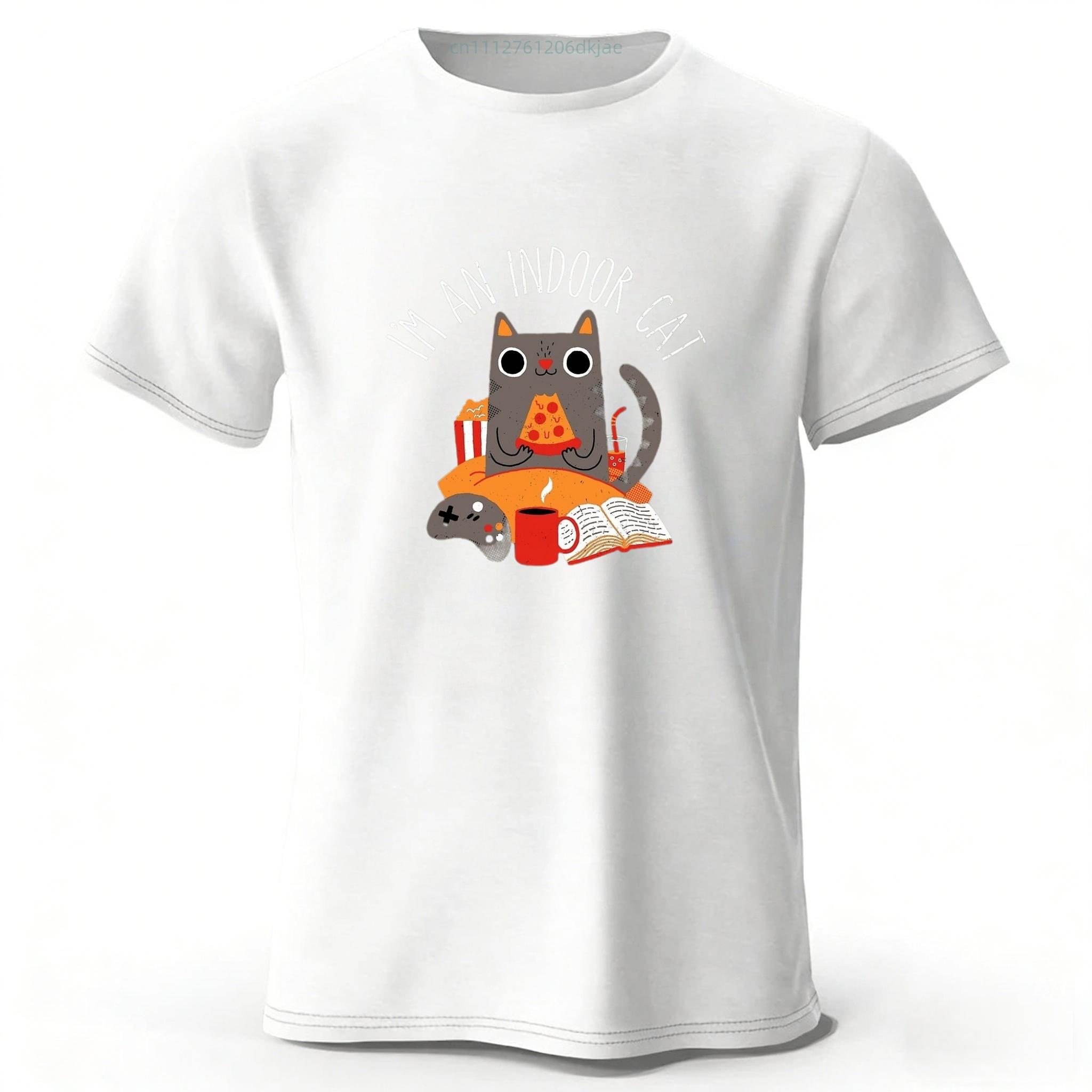 

Home Style Pizza Cat Print Pure Cotton Short Sleeves Shirt Summer Men Street Casual Trend T-shirt Large Size Loose Tops XXXL
