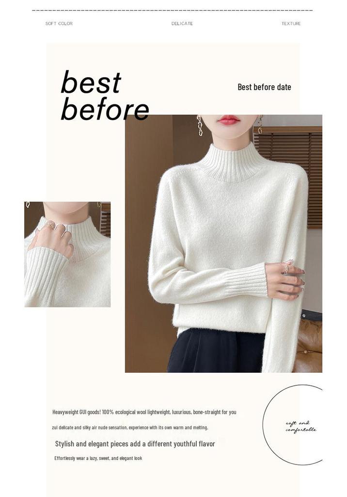 Women's Pure Wool Half-High Collar Loose Knit Sweater - Thickened Autumn/Winter Base Layer Pullover