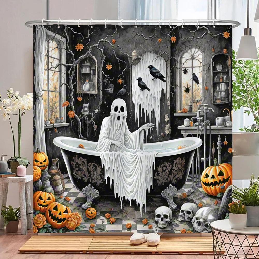 Funny Halloween Shower Curtain Waterproof Bathroom Curtain Horrible Wacky Skeleton, Ghost, Dark style home Decorative Curtain