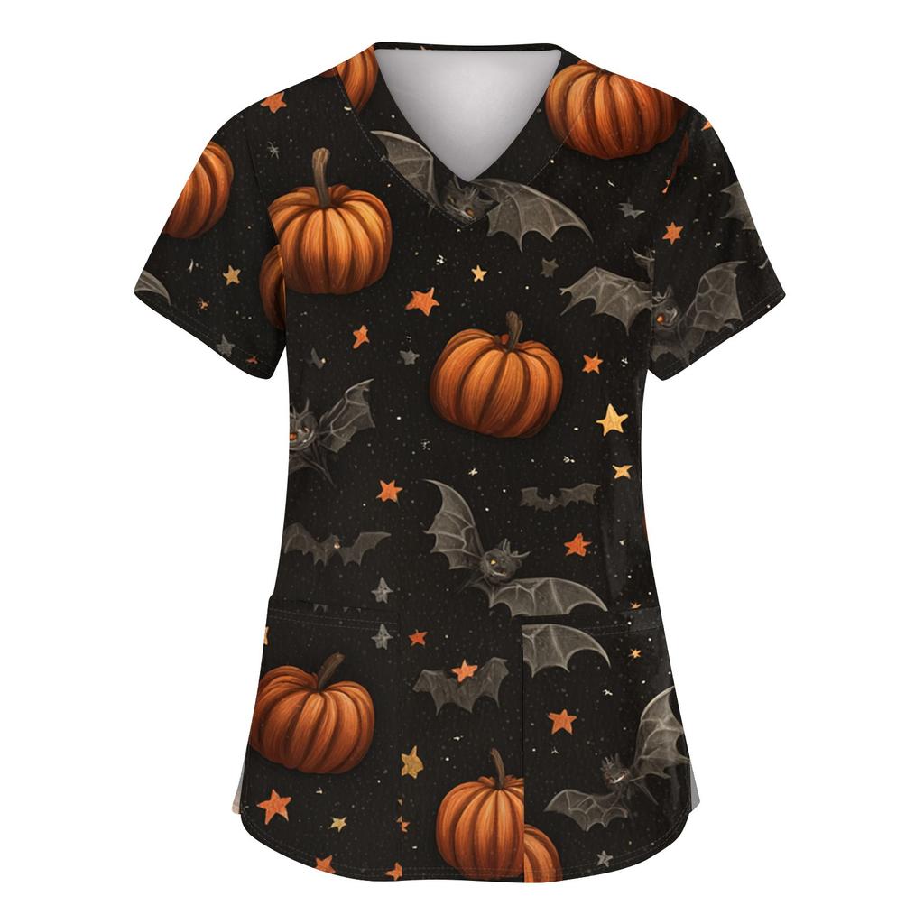 Women's Fashion Short Sleeve Halloween Printed V-Neck Pocket Workwear Tops