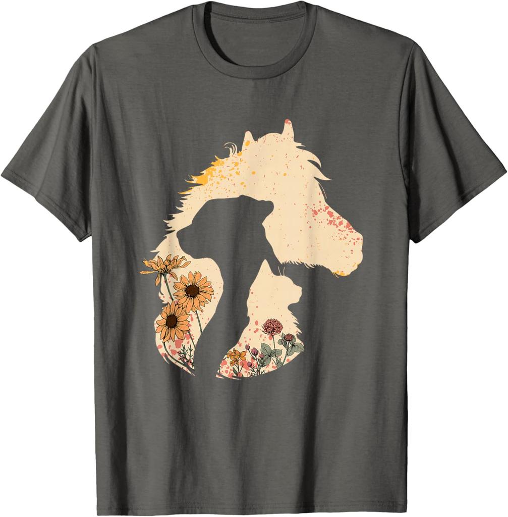 Pferd Hund Katze Silhouette Floral Boho Vintage Grafik T-Shirt Weiches Lässiges Baumwoll-T-Shirt Damen