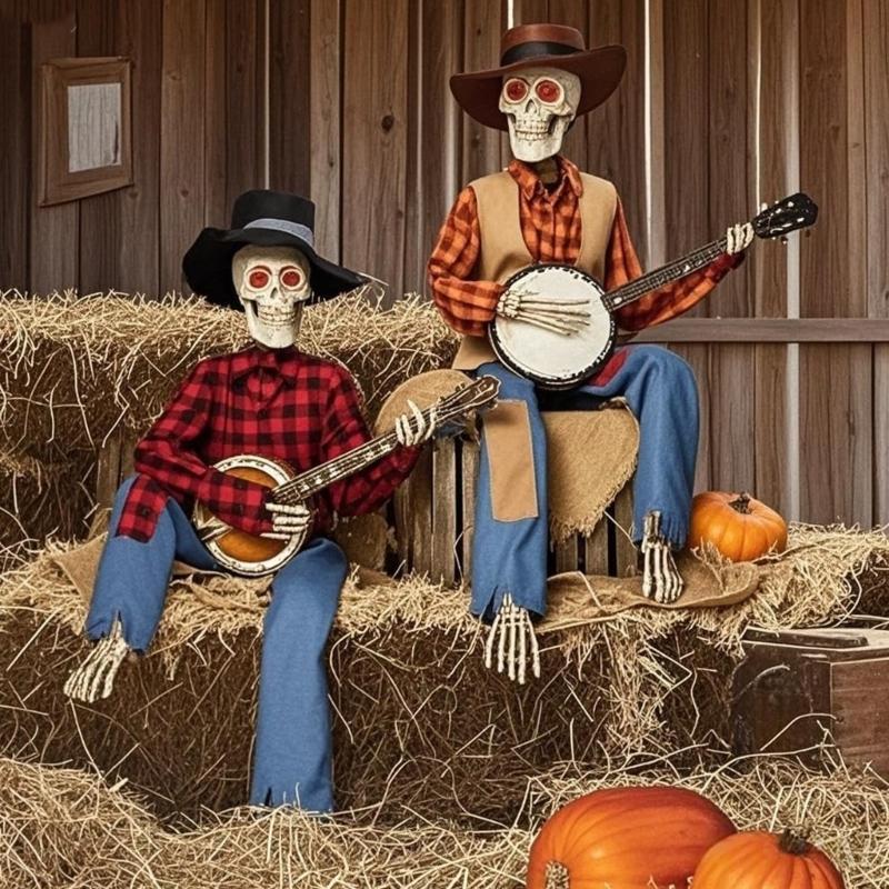 Dueling Banjo Playing Skeletons Halloween Decoration Set Illuminating Plastic Musicians For Home Yard Themed Parties