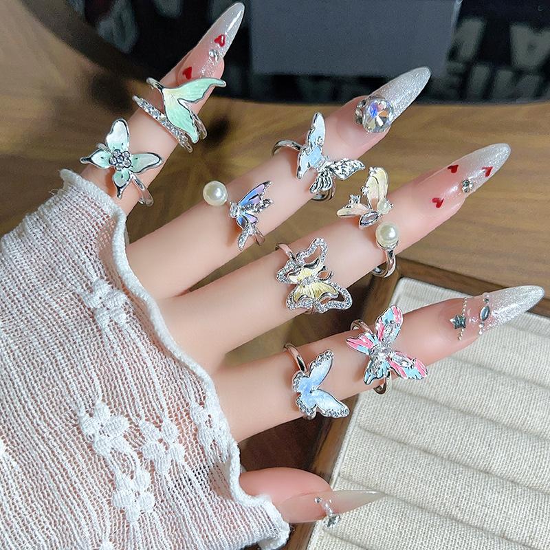 Dopamine Colorful Enamel Flower Butterfly Open Ring Mori Sweet Girly Style Inlaid Zircon Niche Light‑Luxury Adjustable Stackable Decorative Ring