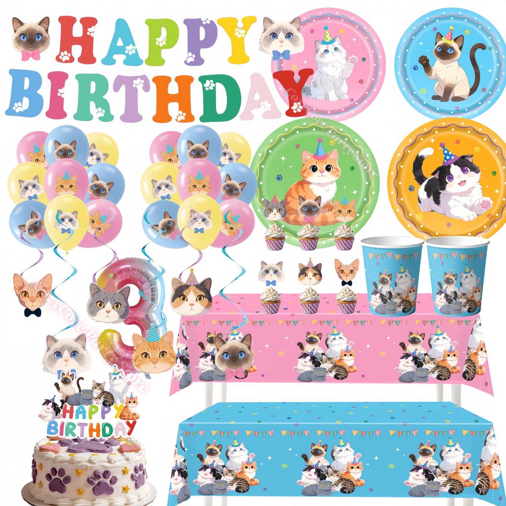 Pet Cat Theme Birthday Party Favors Plates Cup Napkin Banner Cake Topper For Kids Gift Baby Shower Photo Props Party Supplies