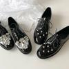 Cowhide Version~ Round Head Flower Lace-up Small Leather Shoes Versatile Thick Heel Black Loafer Single Shoes Women's Derby Shoes