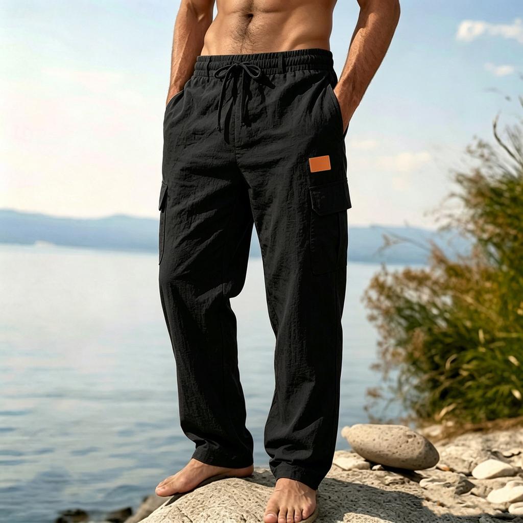 Pantaloni Cargo Larghi Casual da Uomo in Lino, Vestibilità Larga Leggera con Tasche Multiple
