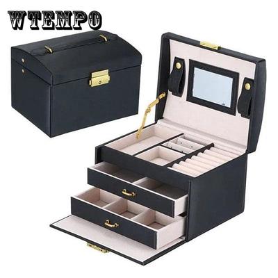 Three-Layer Leather Jewelry Box Organizer Earrings Rings Necklaces Storage Case with Lock Women Girls Gifts