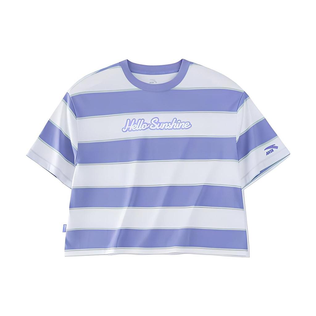 Anta Lifestyle Series Logo Letter Striped Round Neck Loose Short Sleeve T-Shirt Women T-Shirt Lilac 162328141-1