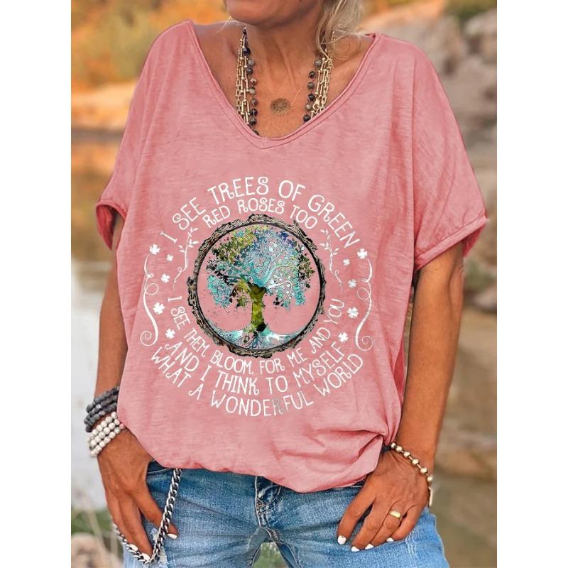 Ilstile Damen V-Ausschnitt Hippie What A Wonderful World Aufdruck T-Shirt Sommer Kurzarm Damenbekleidung Oberteile Freizeit-T-Shirts