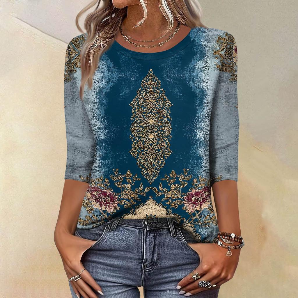 Módní vintage top s 3/4 rukávem pro ženy, dámská ležérní halenka s tříčtvrtečním rukávem a kulatým výstřihem s potiskem