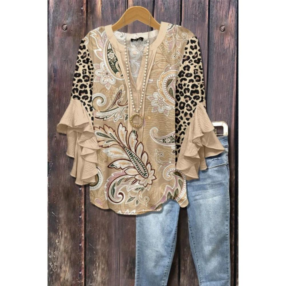 Large Women's Bohemian V-neck Shirt with Ruffle Sleeves, Grey Brown Floral Print Top, Casual Breathable Machine Washable Pullover