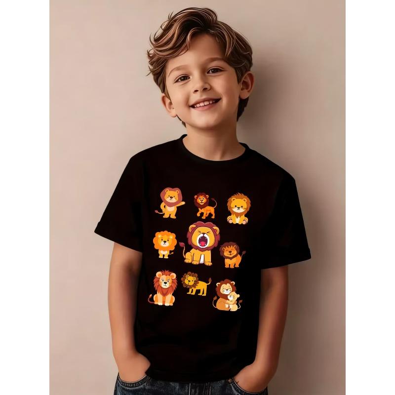 Summer Boys' Fashion Short Sleeve T-Shirt, Cartoon Lion Cartoon Pattern Print Outdoor Casual Top