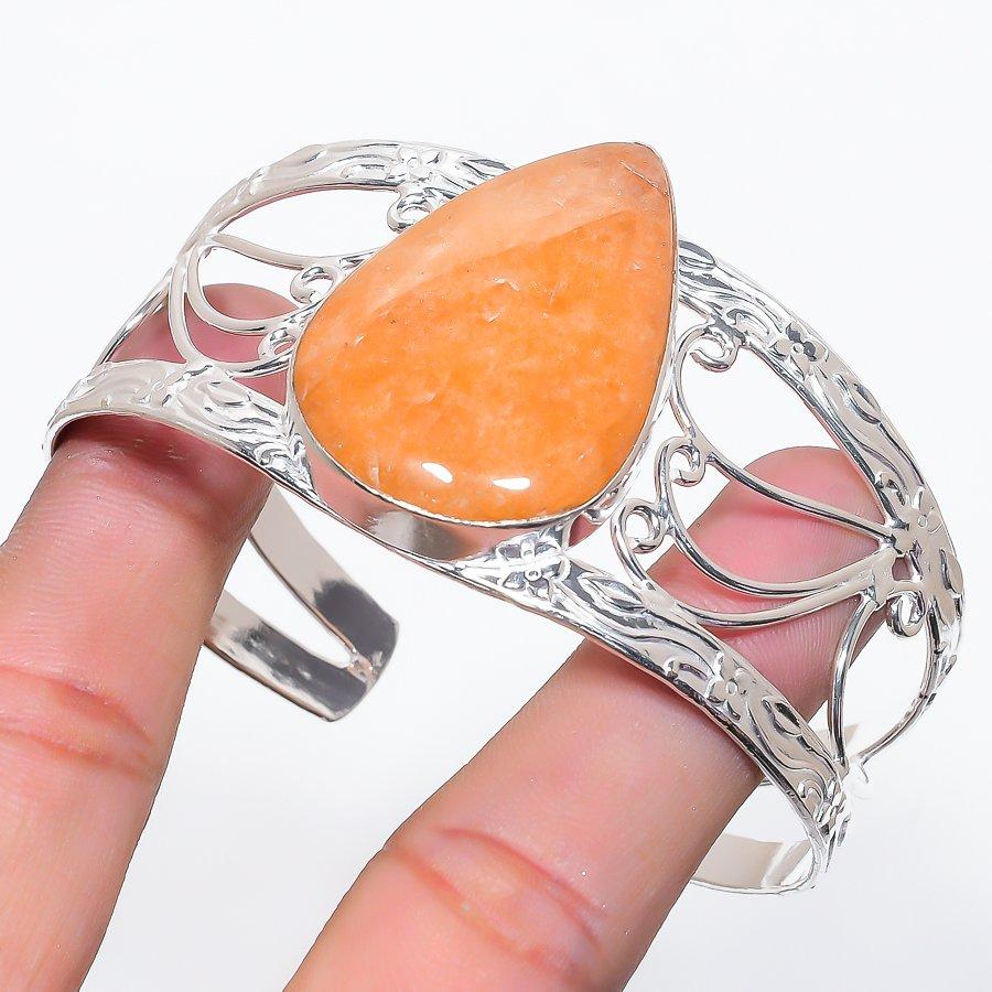 

Natural Orange Aventurine Gemstone 925 Sterling Silver Cuff Bangle Adj F8h44
