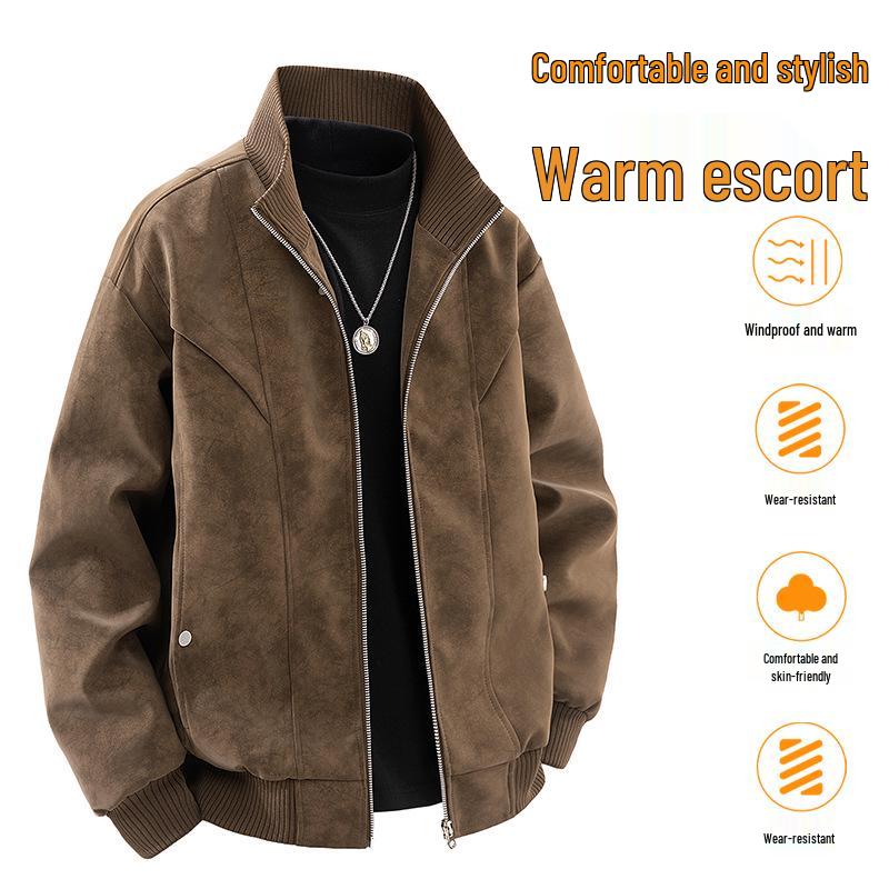 Men's Spring/Autumn Plus Size PU Leather & Corduroy Jacket - Trendy Lapel, Loose Fit, Hong Kong Style