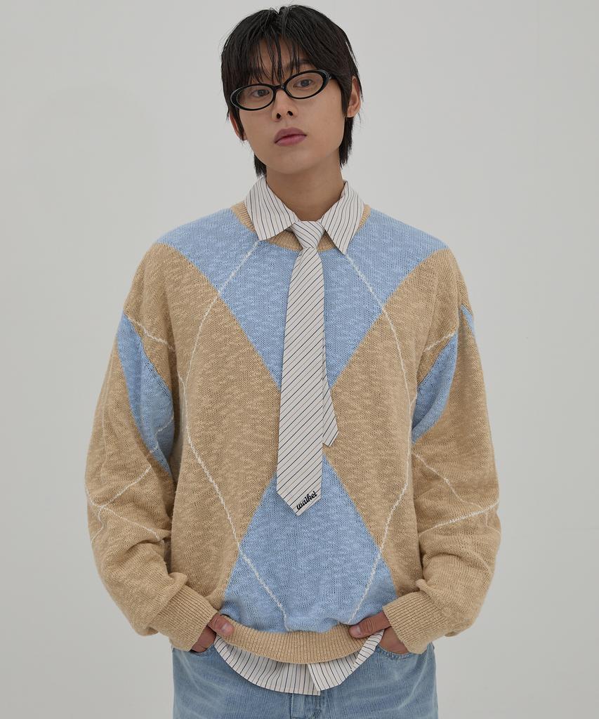 WAIKEI Big Argyle Boucle Knit Sky Blue