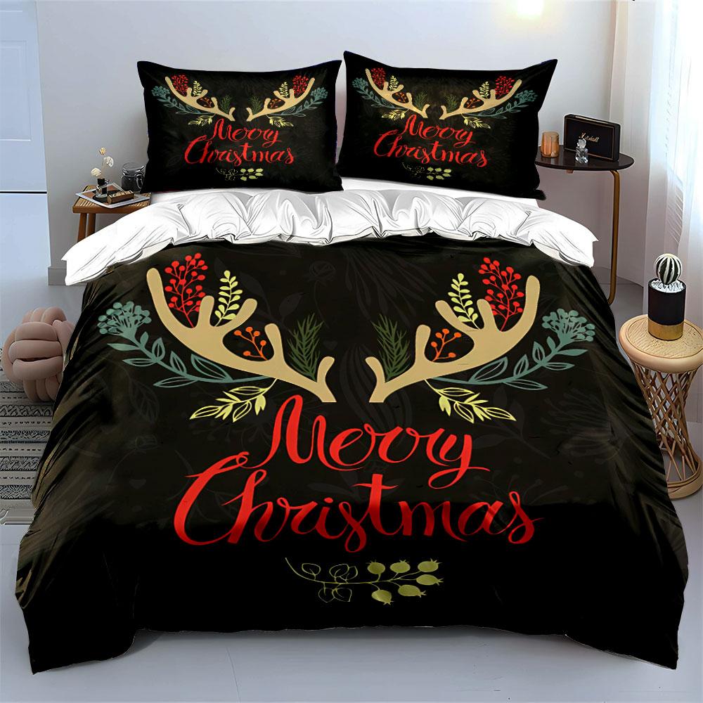 Merry Christmas Antlers Print Bedding Duvet Cover Set Duvet Cover Pillowcases  (1*Duvet Cover 2*Pillowcases, Without Duvet Insert)