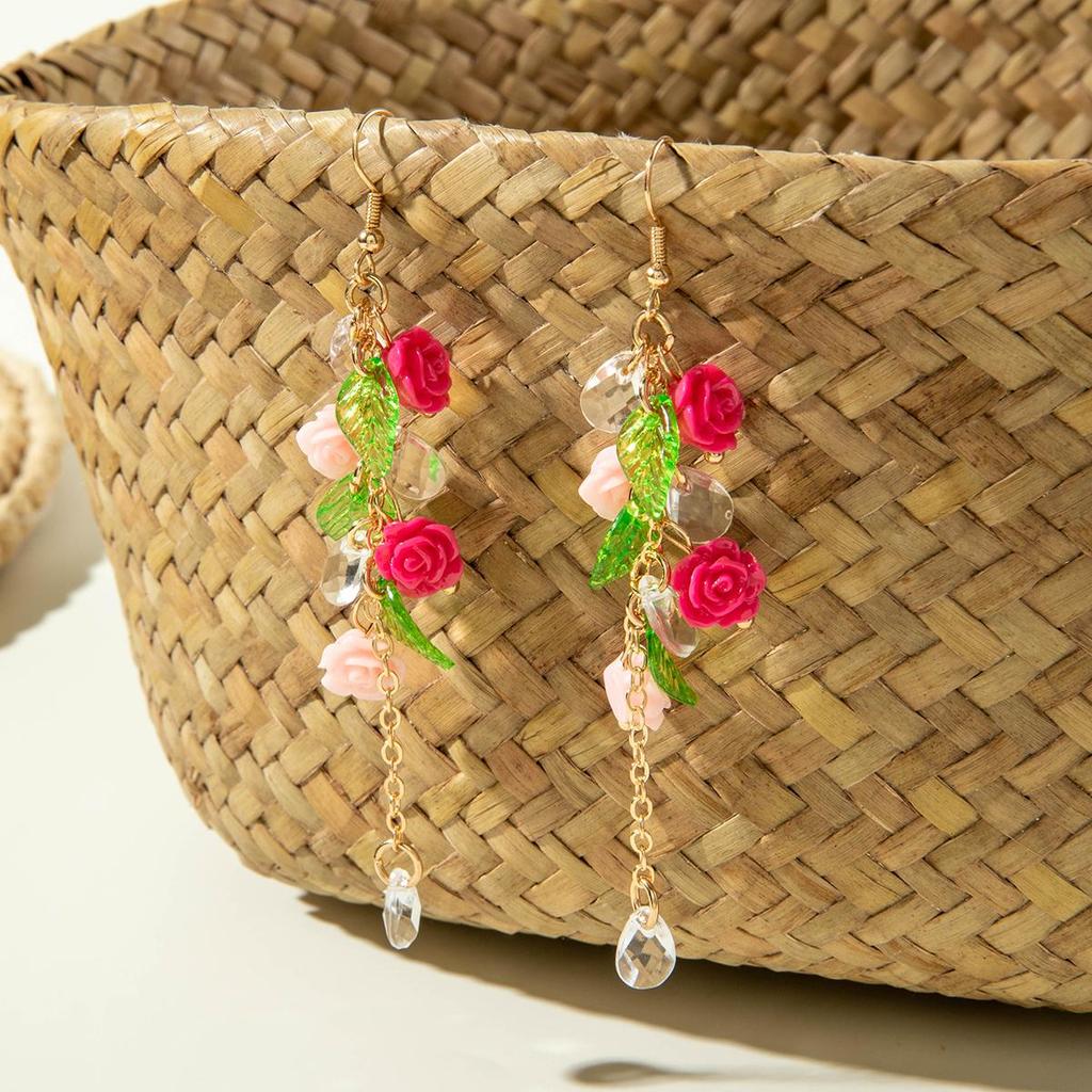 European and American Cross-Border Fashionable Elegant Colorful Rose Leaf Pendant Earrings for Women's Jewelry Forest Women's Style Earrings