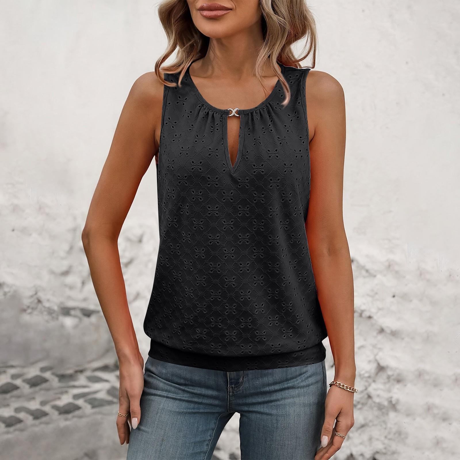 

Женская модная однотонная футболка без рукавов с пряжкой и круглым вырезом S чёрный