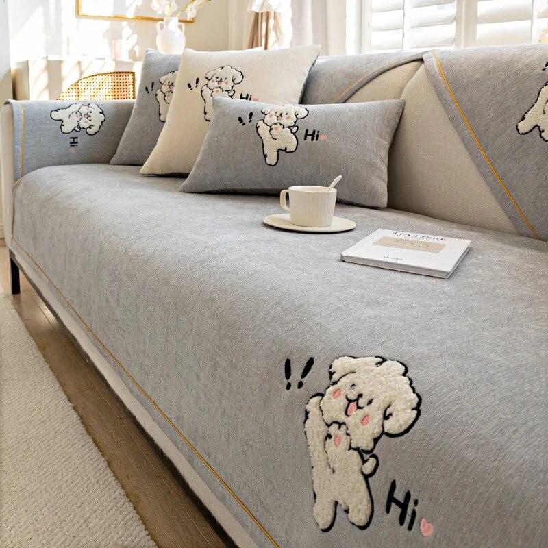 Nordic Cartoon Dog Chenille Sofa Mat Non-slip Sofa Towel Couch Cushion Cover Four Seasons Universal Simplicity Couch Slipcovers