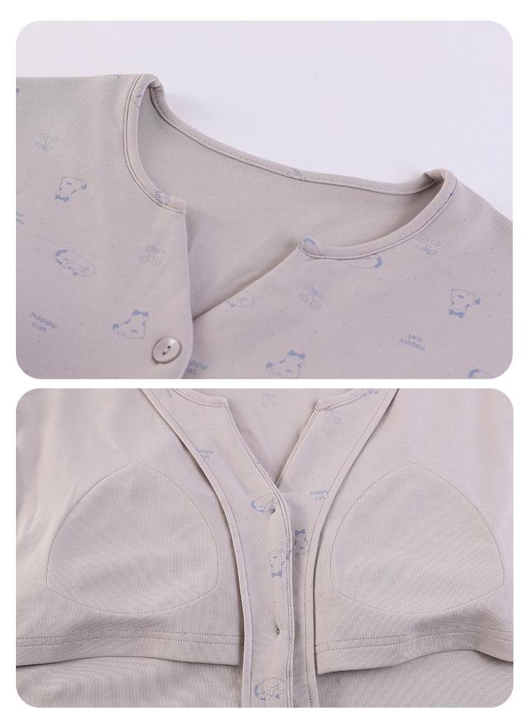 Women's V-Neck Cotton Cardigan with Chest Pads - Long Sleeve, Sweet Cartoon Design for Home or Casual Wear in Spring and Autumn.