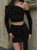 2025 Autumn French Women's One-Shoulder Long-Sleeve Top with Slimming Ruched Ribbon and Hip-Hugging Short Skirt Set