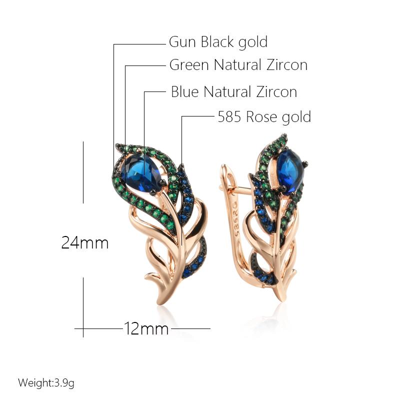 Blue Natural Zircon Drop Earrings For Women  Rose Gold And Black Plating Vintage Crystal Leaf Daily Fine Jewelry